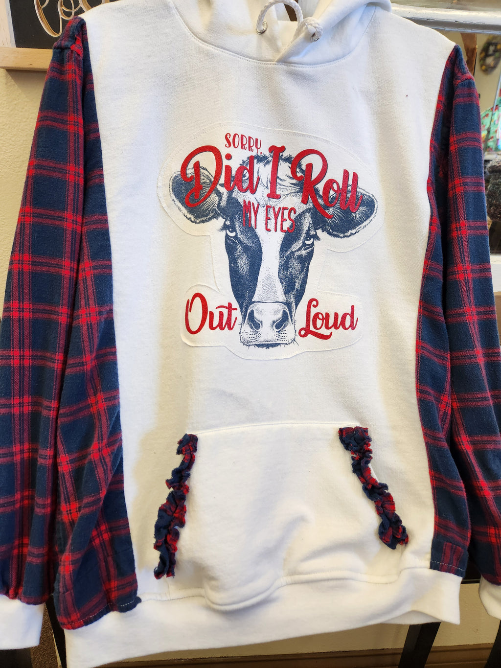 Cute Cow Upcycled Flannel Sleeve Sweatshirt | Fits Size XS-S