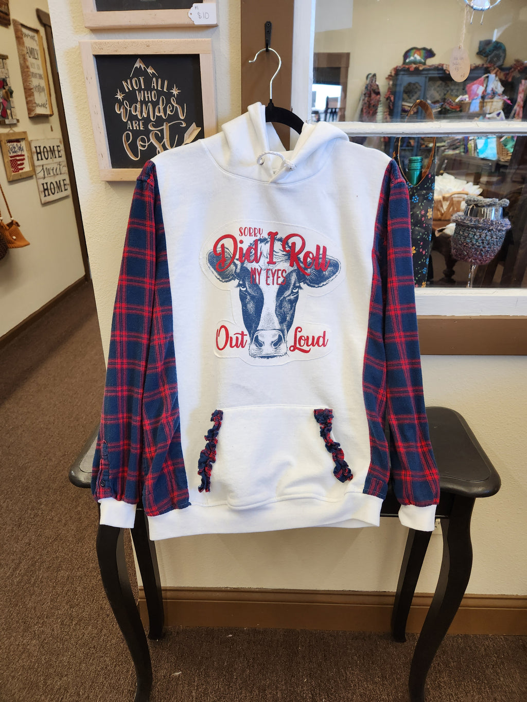 Cute Cow Upcycled Flannel Sleeve Sweatshirt | Fits Size XS-S