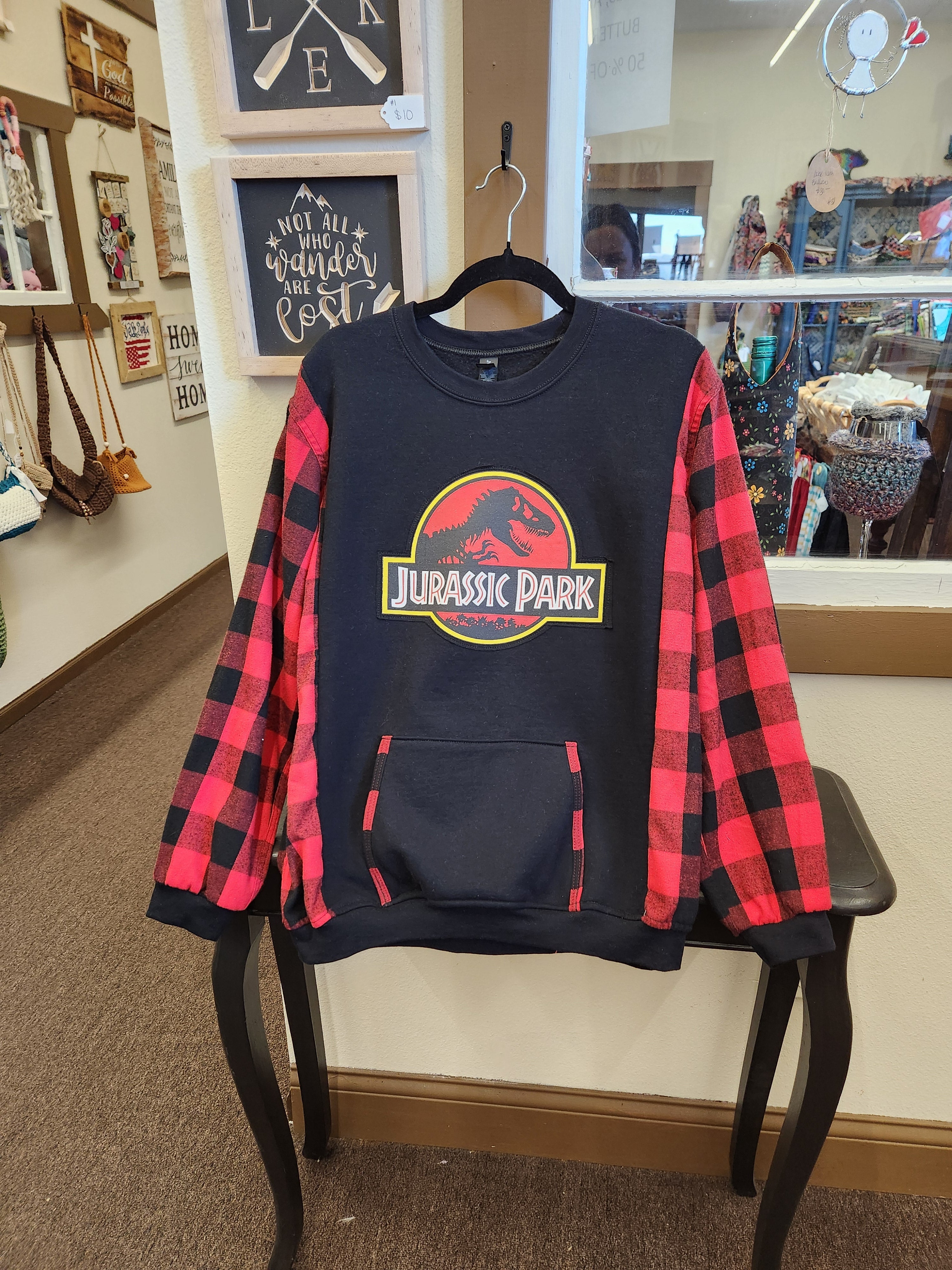 Jurassic Park Upcycled Flannel Sleeve Sweatshirt | Fits Size XS-L
