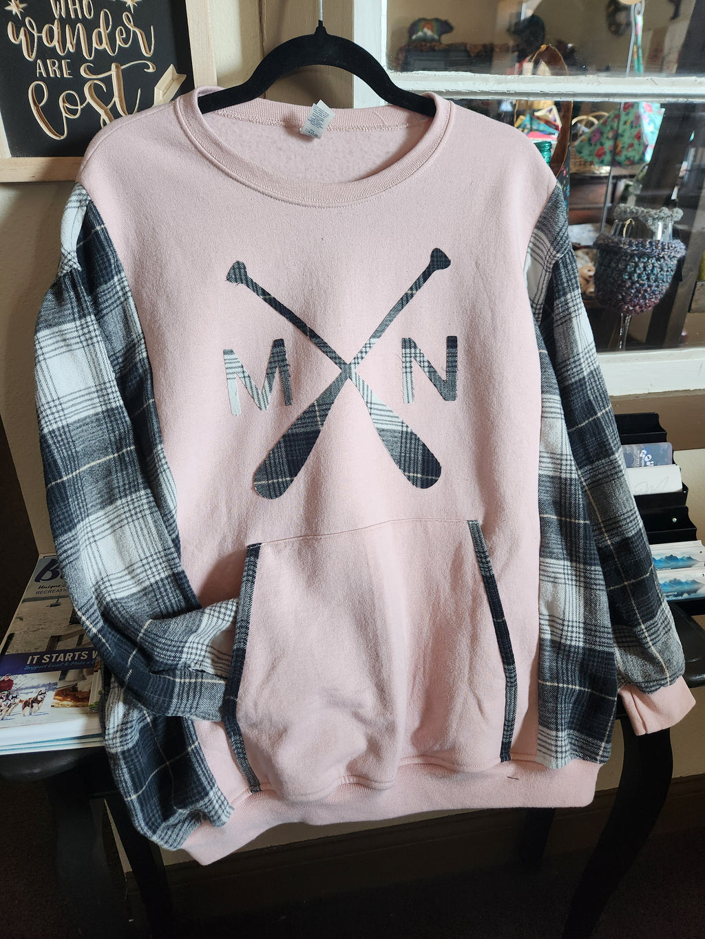 Pink Minnesota Up-cycled Flannel Sleeve Sweatshirt | Fits Size XS-L