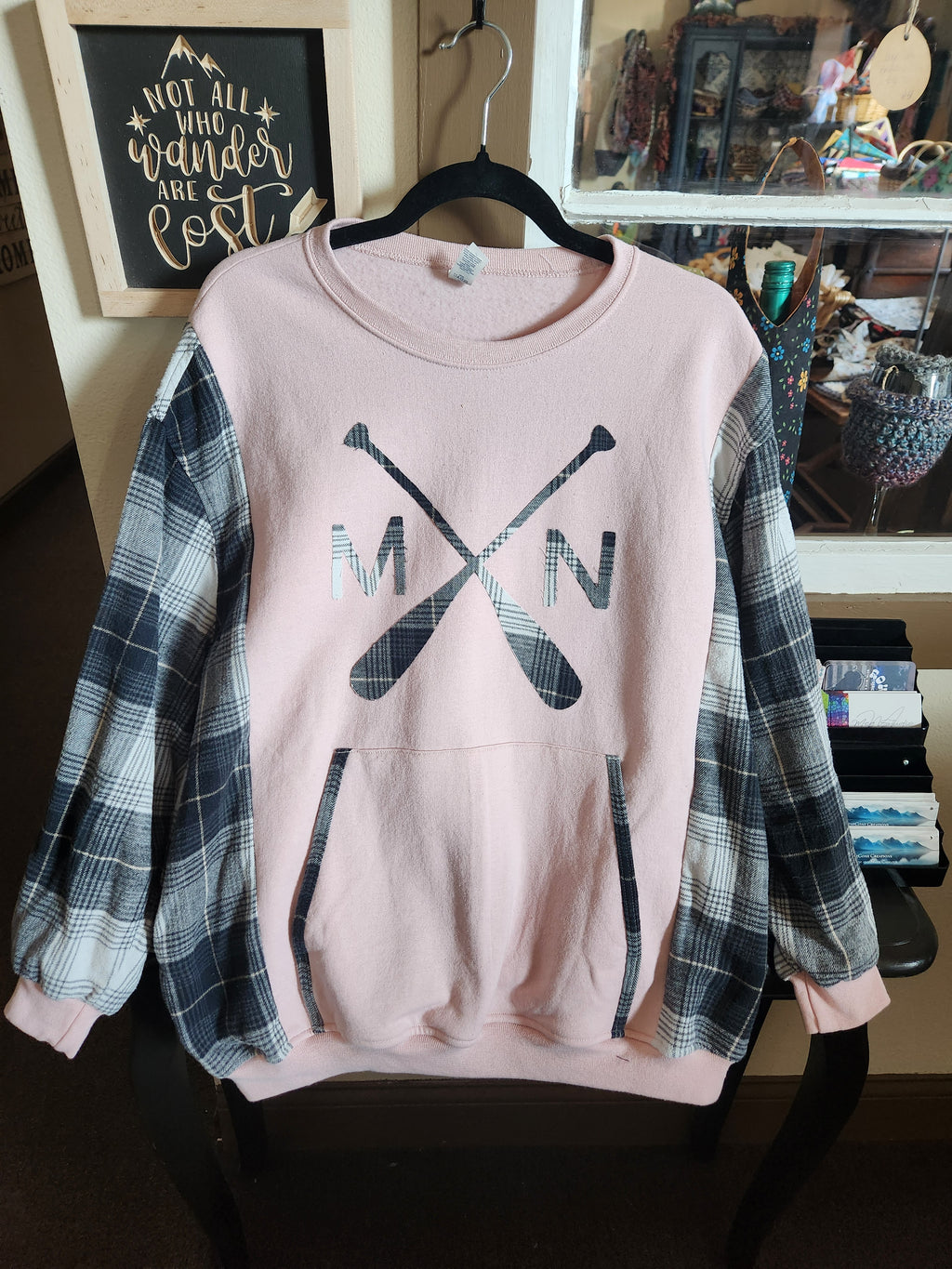 Pink Minnesota Up-cycled Flannel Sleeve Sweatshirt | Fits Size XS-L