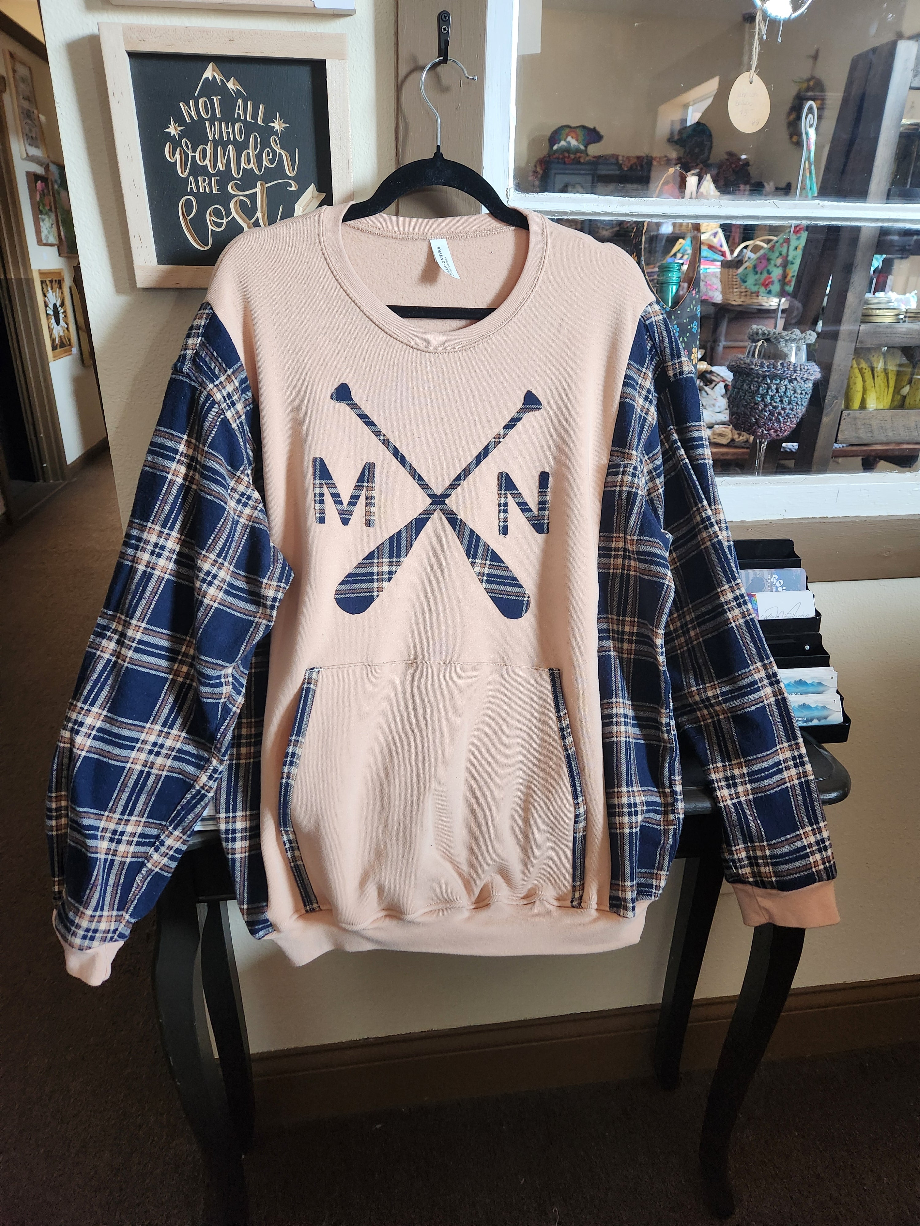 Beige Minnesota Up-cycled Flannel Sleeve Sweatshirt | Fits Size XS-L