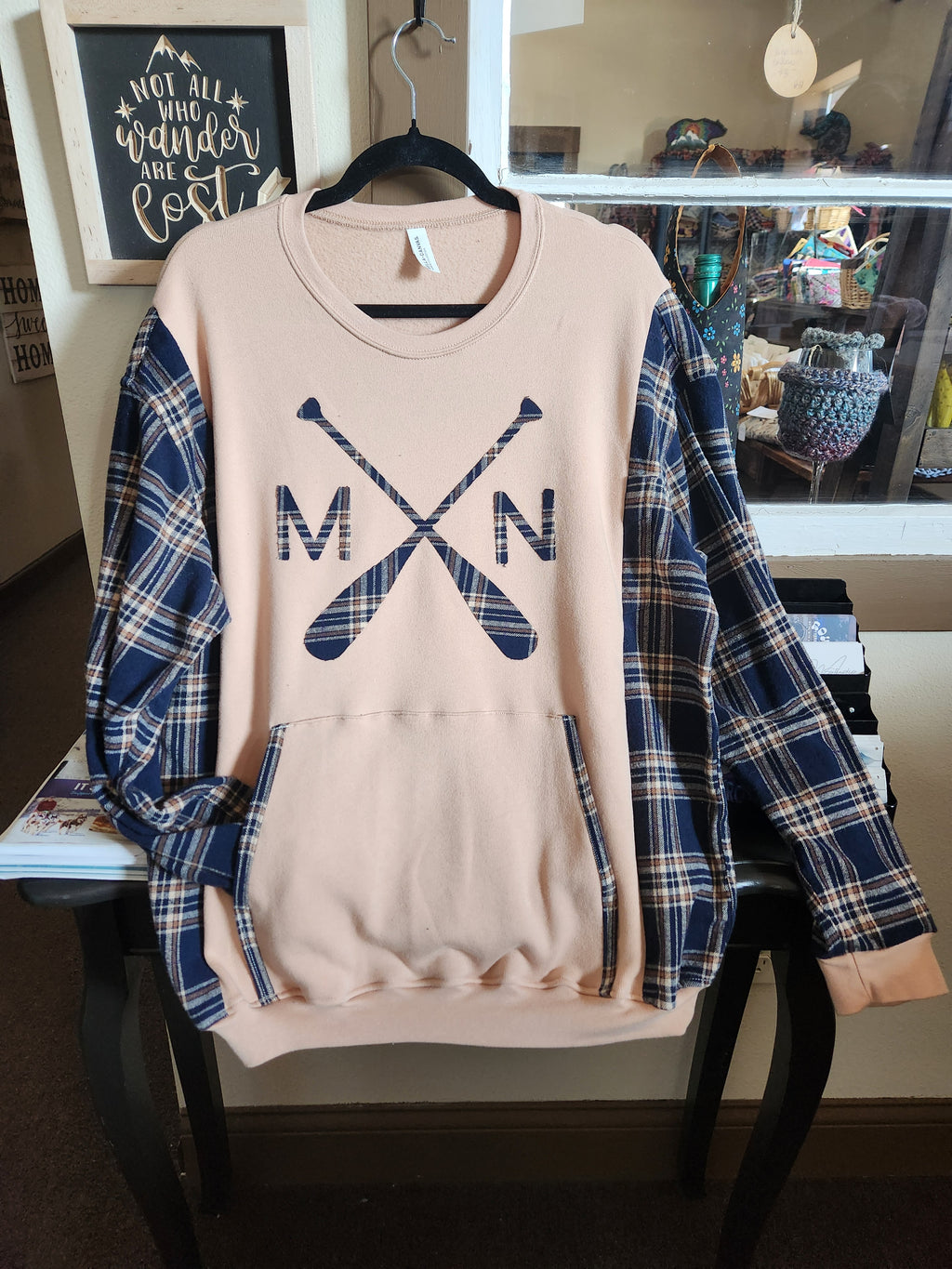 Beige Minnesota Up-cycled Flannel Sleeve Sweatshirt | Fits Size XS-L