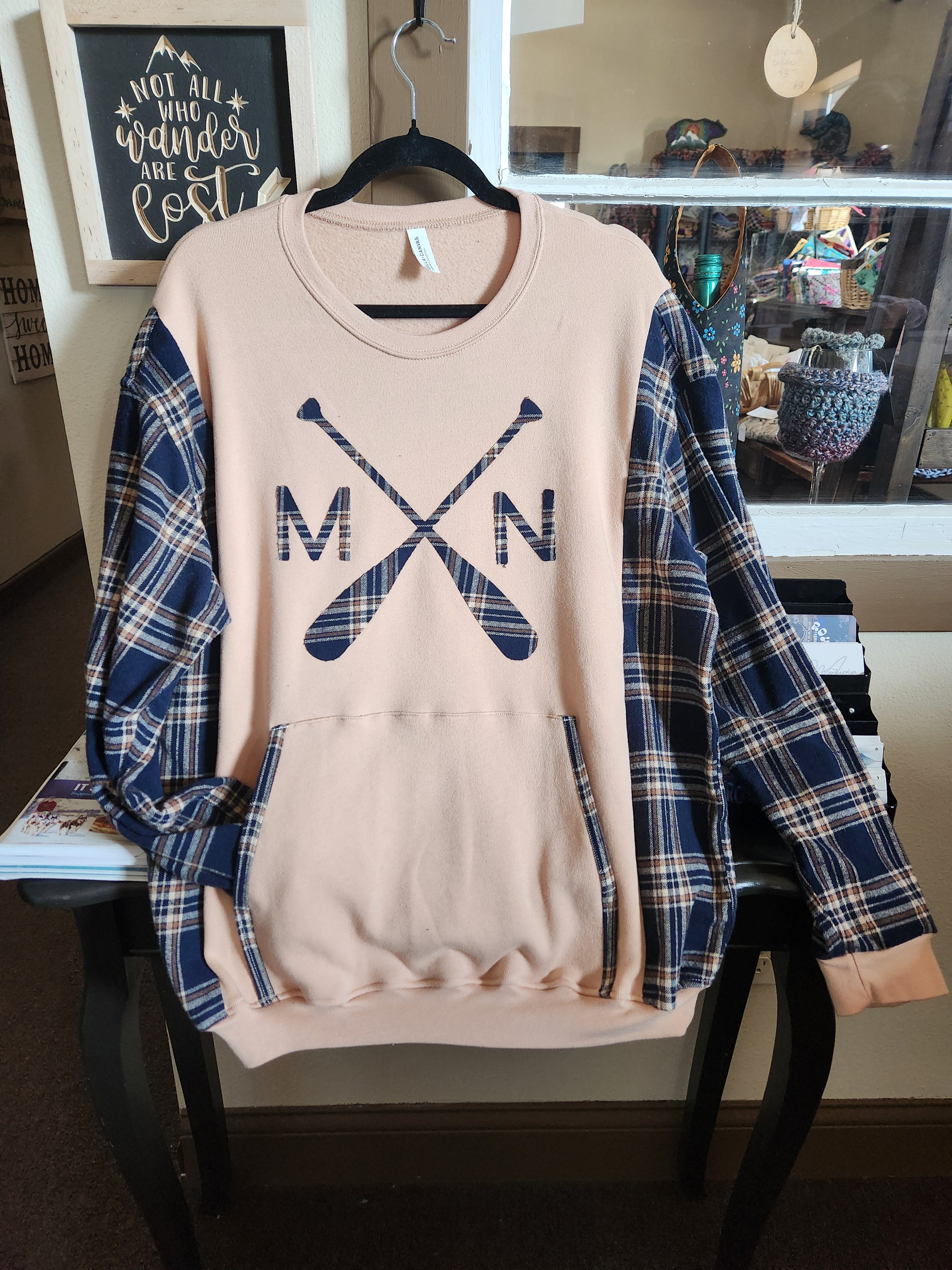 Beige Minnesota Up-cycled Flannel Sleeve Sweatshirt | Fits Size XS-L