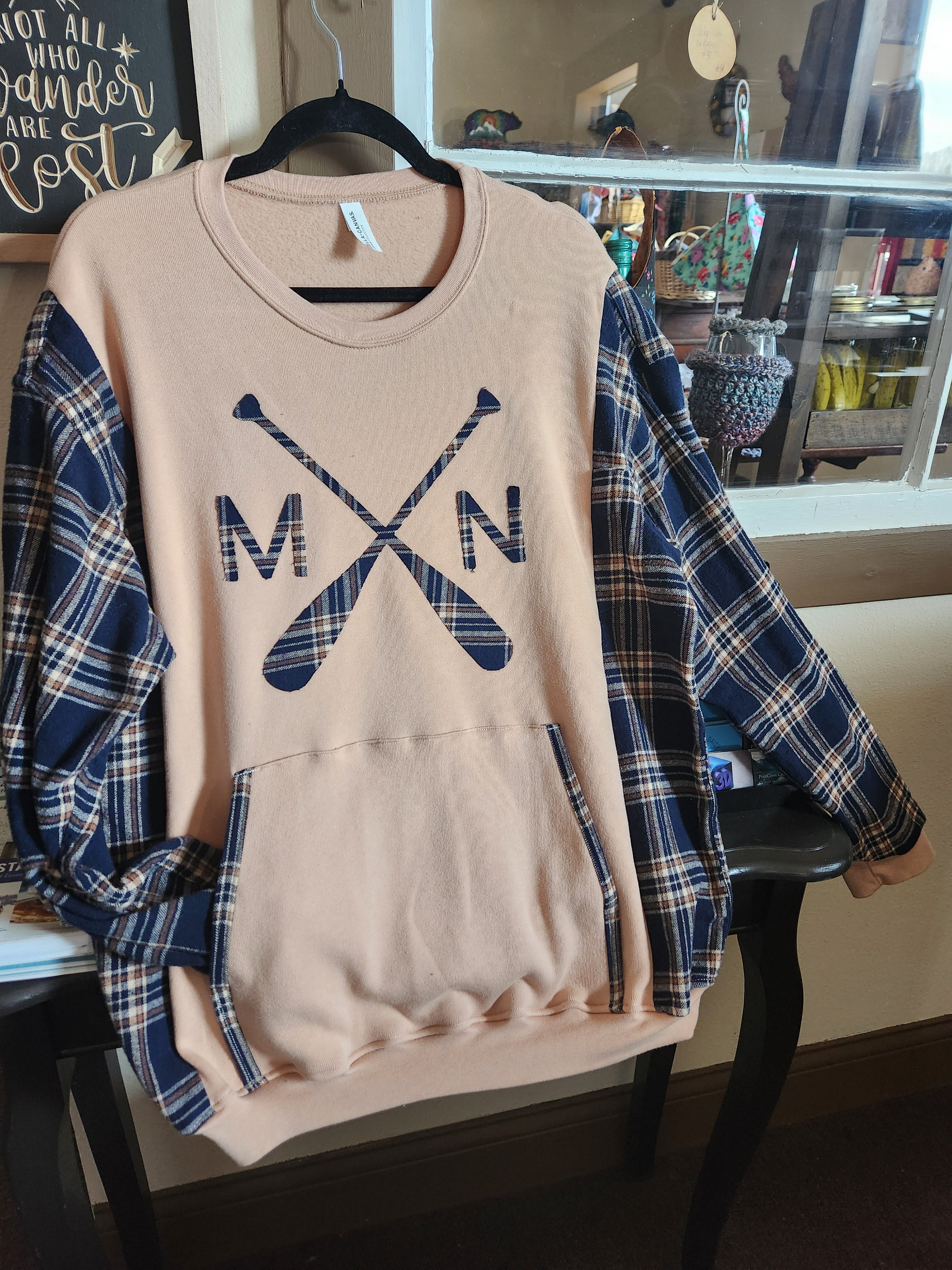 Beige Minnesota Up-cycled Flannel Sleeve Sweatshirt | Fits Size XS-L