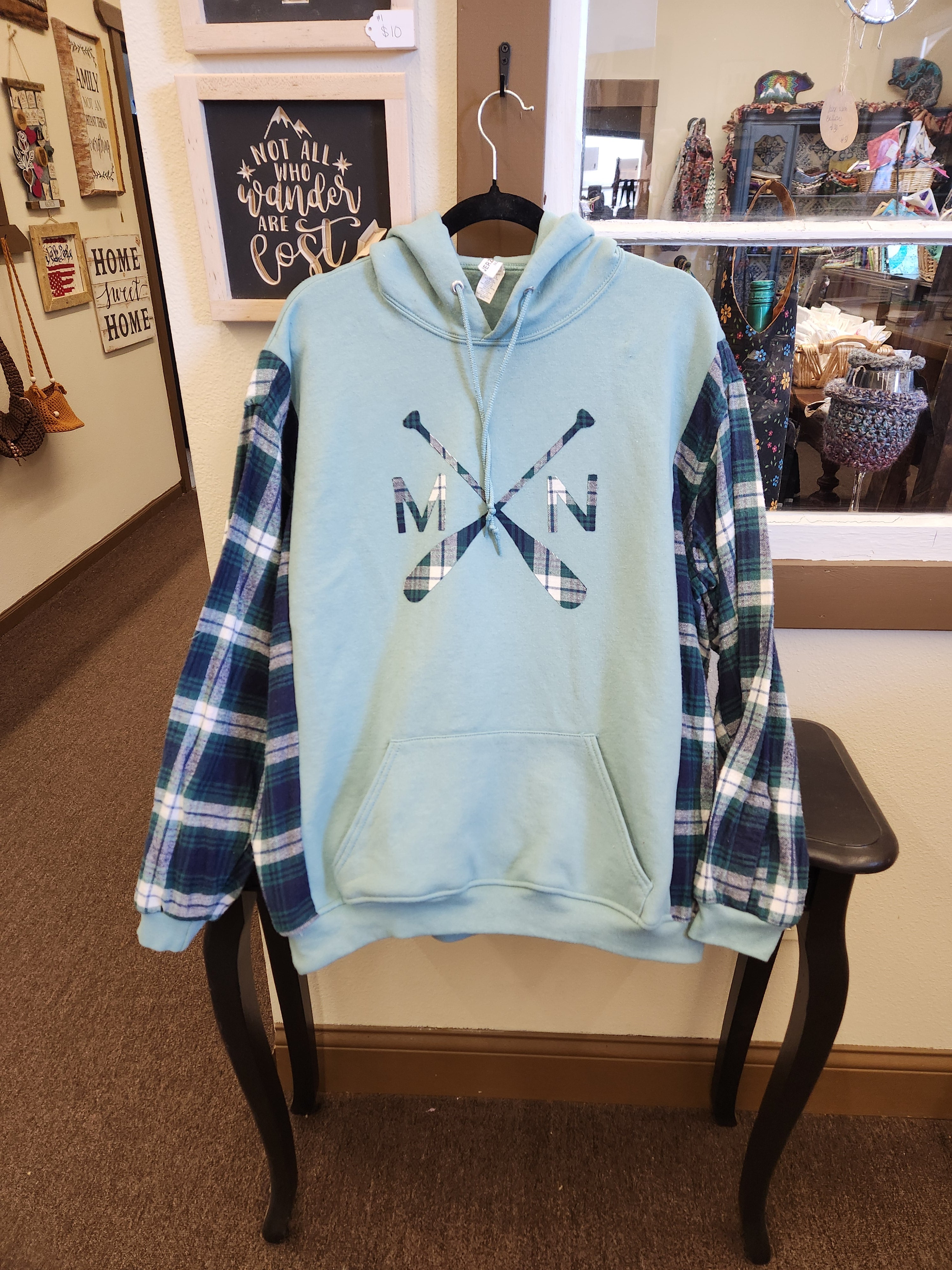 Teal Minnesota Upcycled Flannel Sleeve Sweatshirt | Fits Size XS-XL