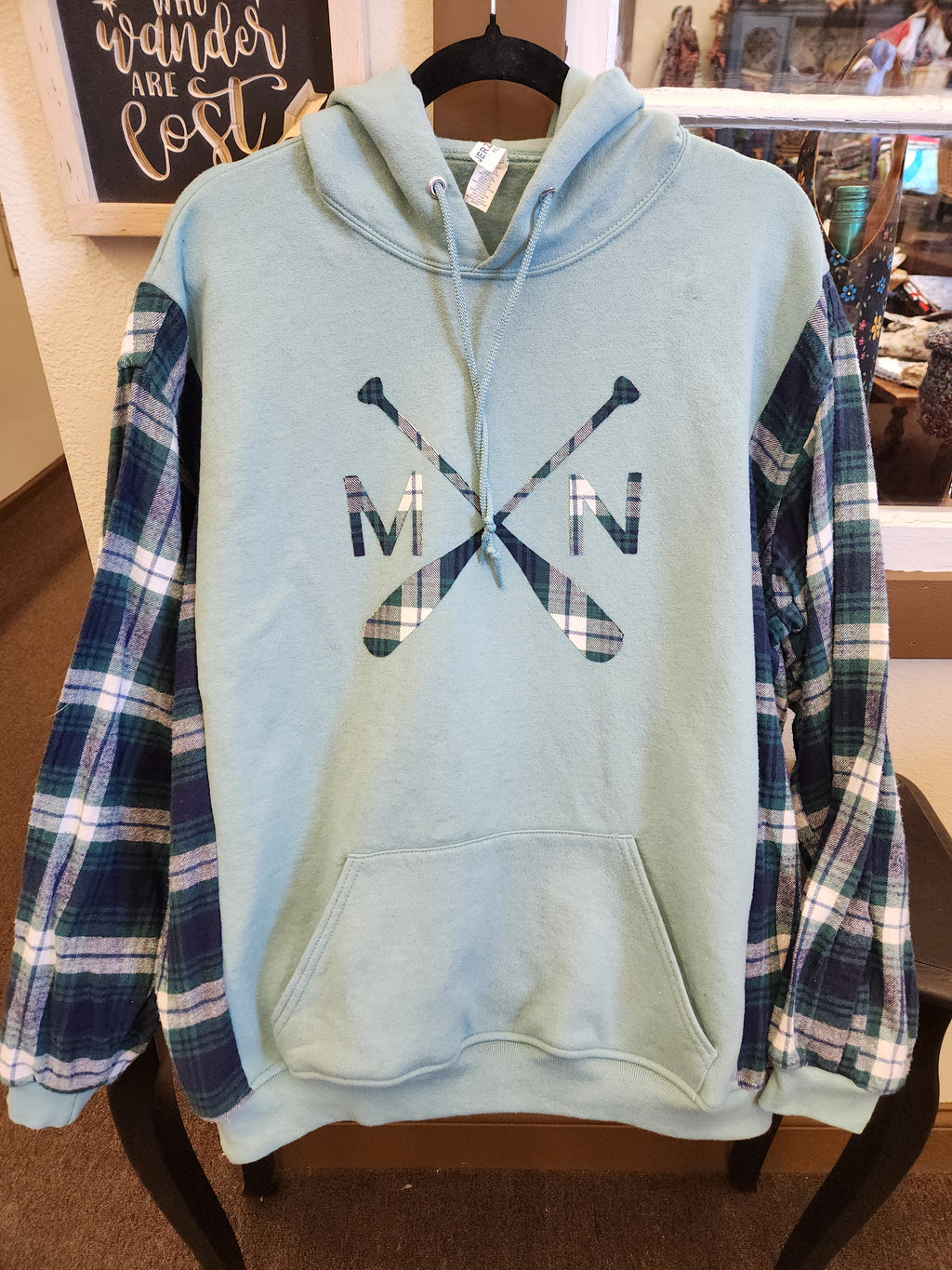 Teal Minnesota Upcycled Flannel Sleeve Sweatshirt | Fits Size XS-XL