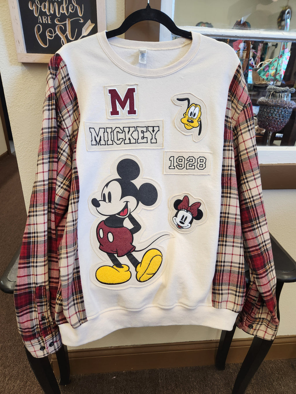 Mickey Mouse Upcycled Flannel Sleeve Sweatshirt | Fits Size XS-XL