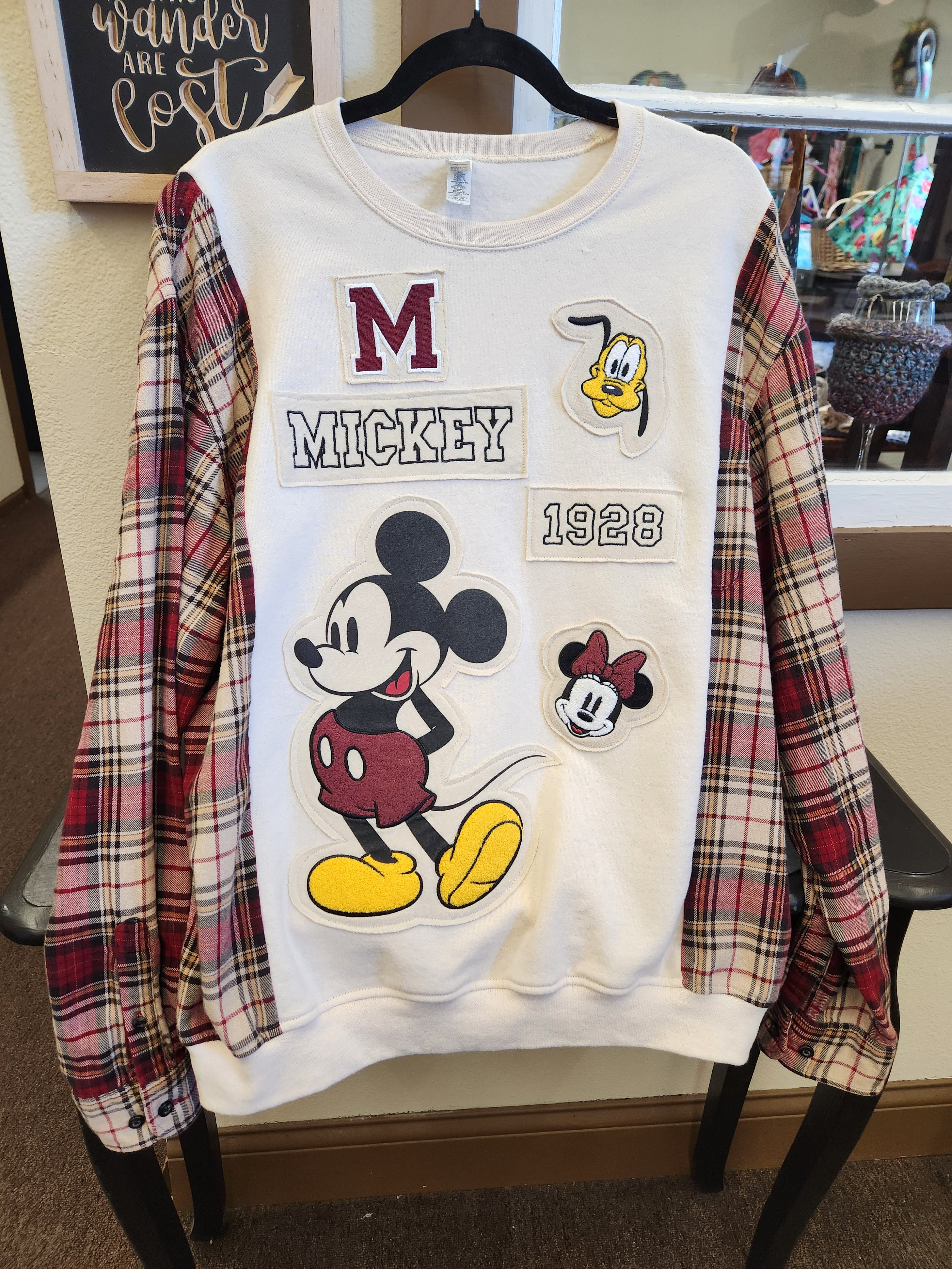 Mickey Mouse Upcycled Flannel Sleeve Sweatshirt | Fits Size XS-XL