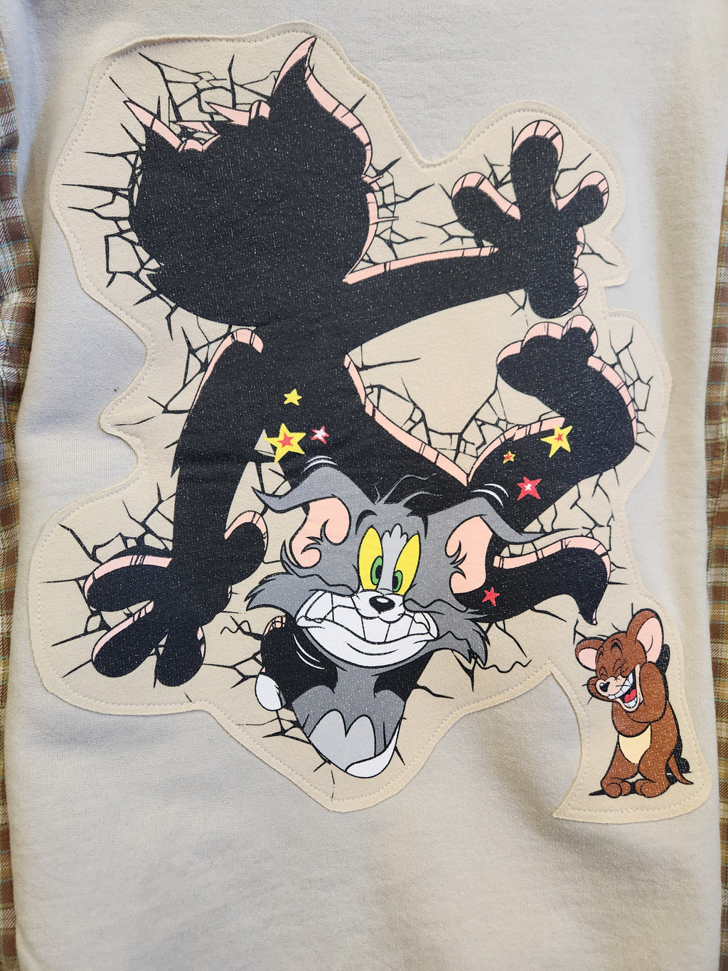 Tom and Jerry Upcycled Flannel Sleeve Sweatshirt | Fits Size XS-M