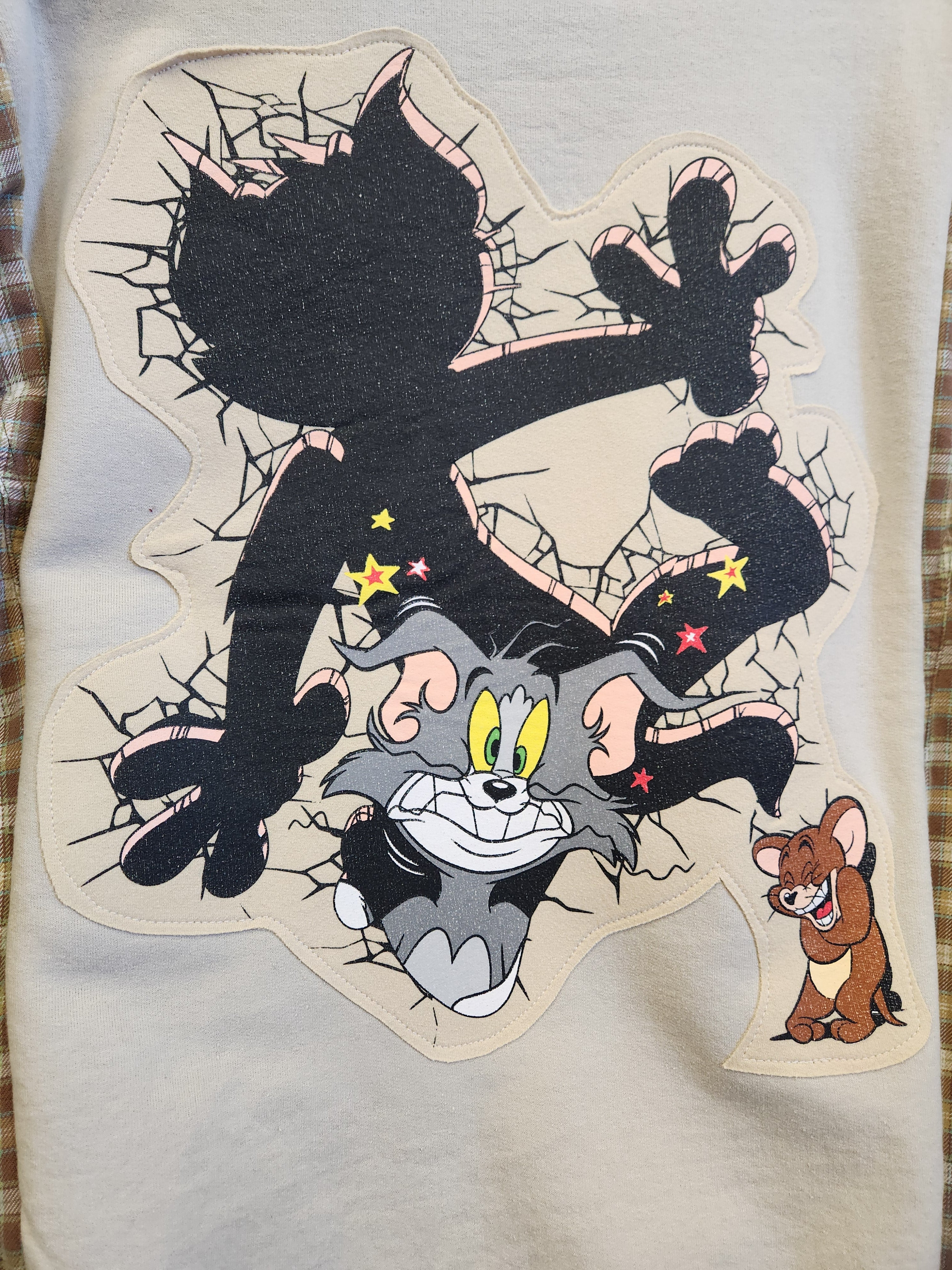 Tom and Jerry Upcycled Flannel Sleeve Sweatshirt | Fits Size XS-M