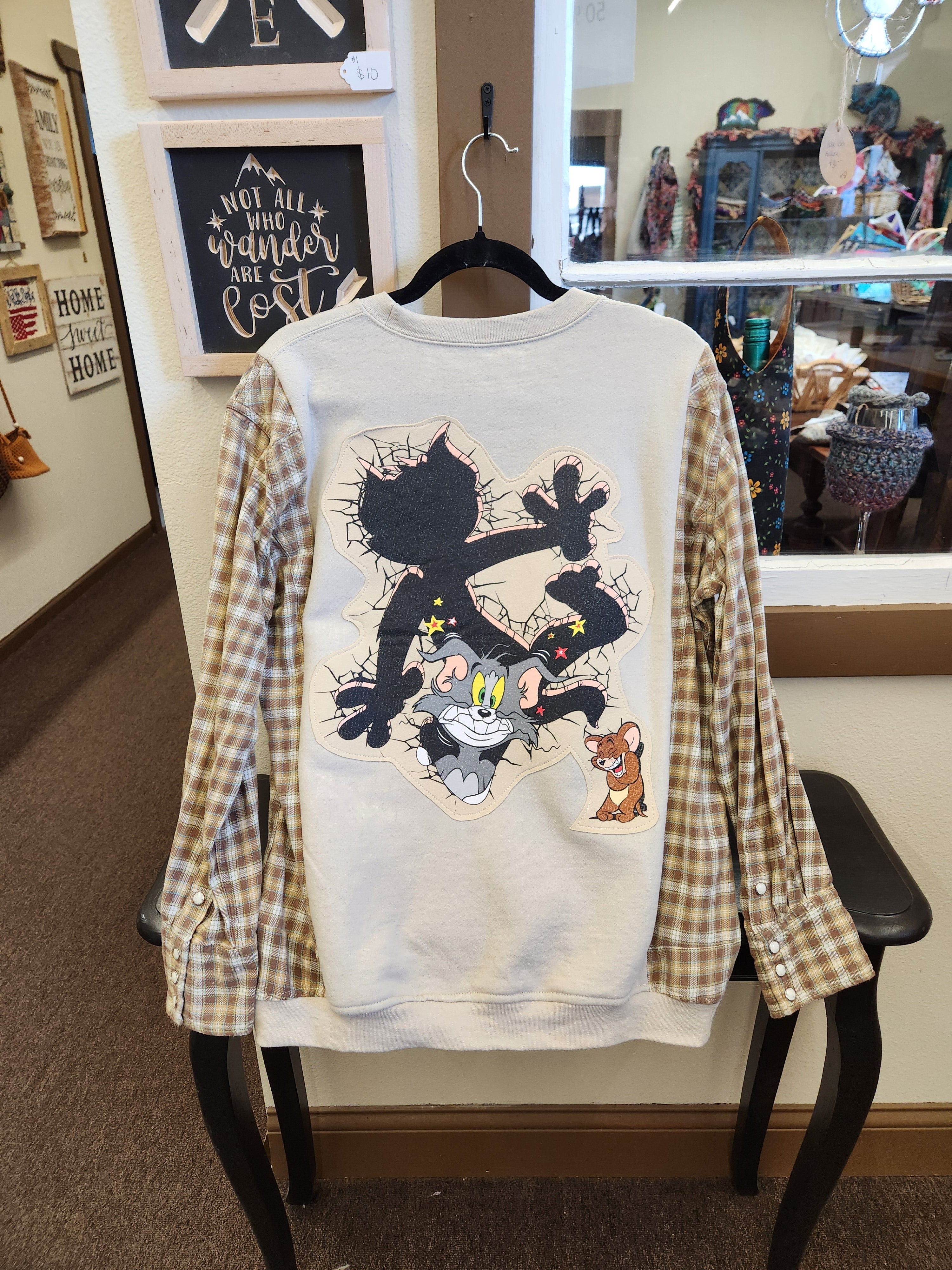 Tom and Jerry Upcycled Flannel Sleeve Sweatshirt | Fits Size XS-M
