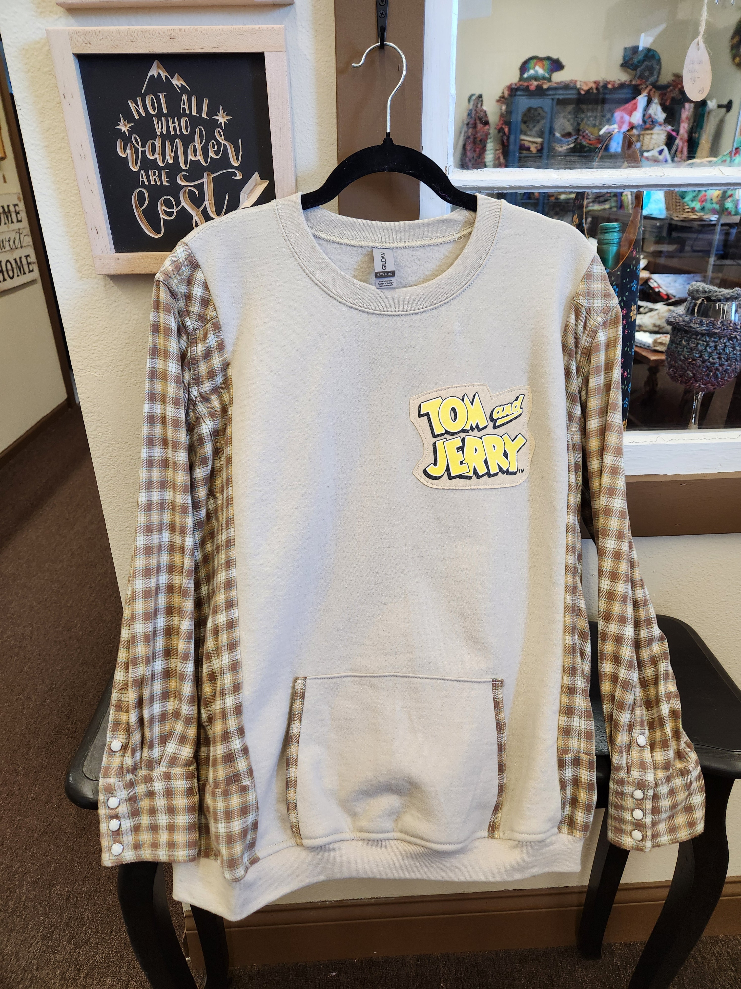 Tom and Jerry Upcycled Flannel Sleeve Sweatshirt | Fits Size XS-M