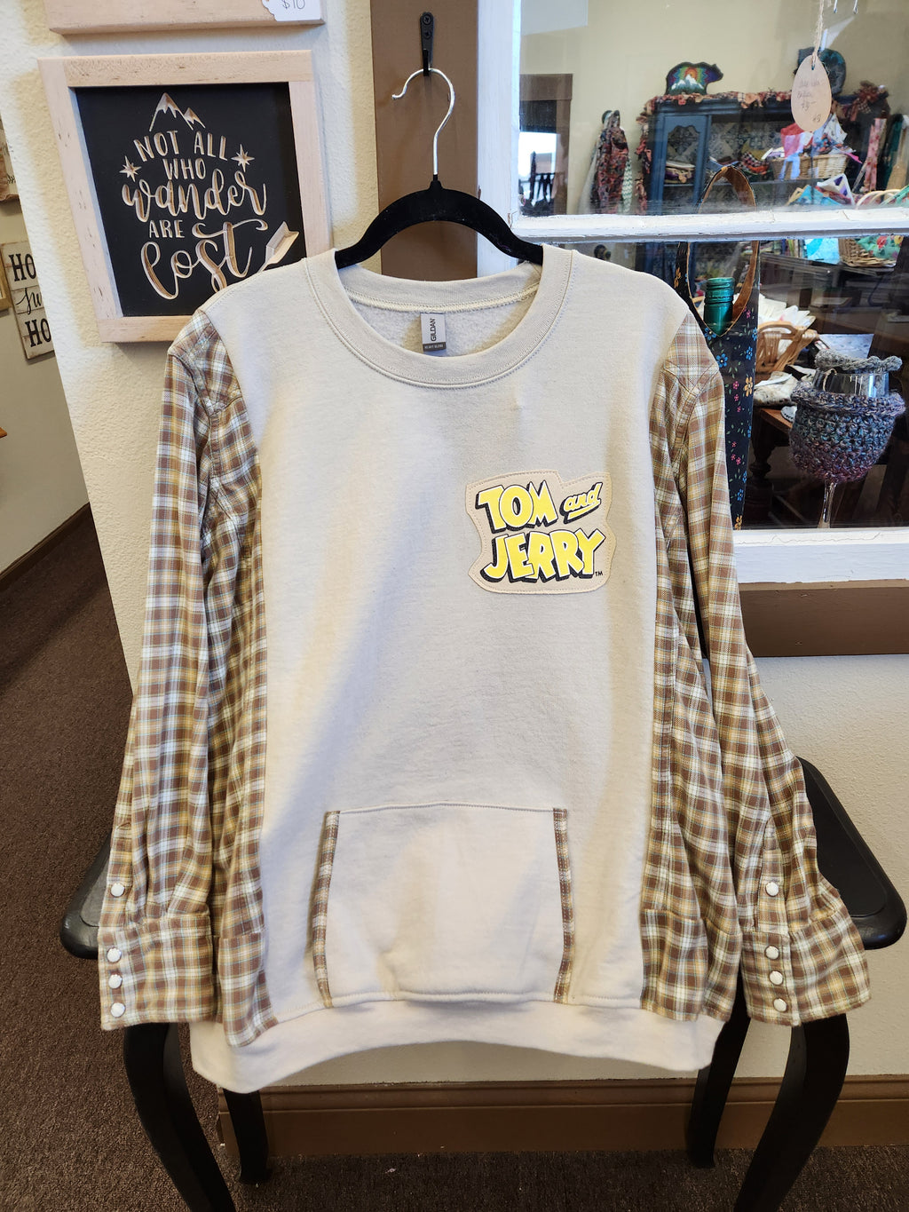 Tom and Jerry Upcycled Flannel Sleeve Sweatshirt | Fits Size XS-M