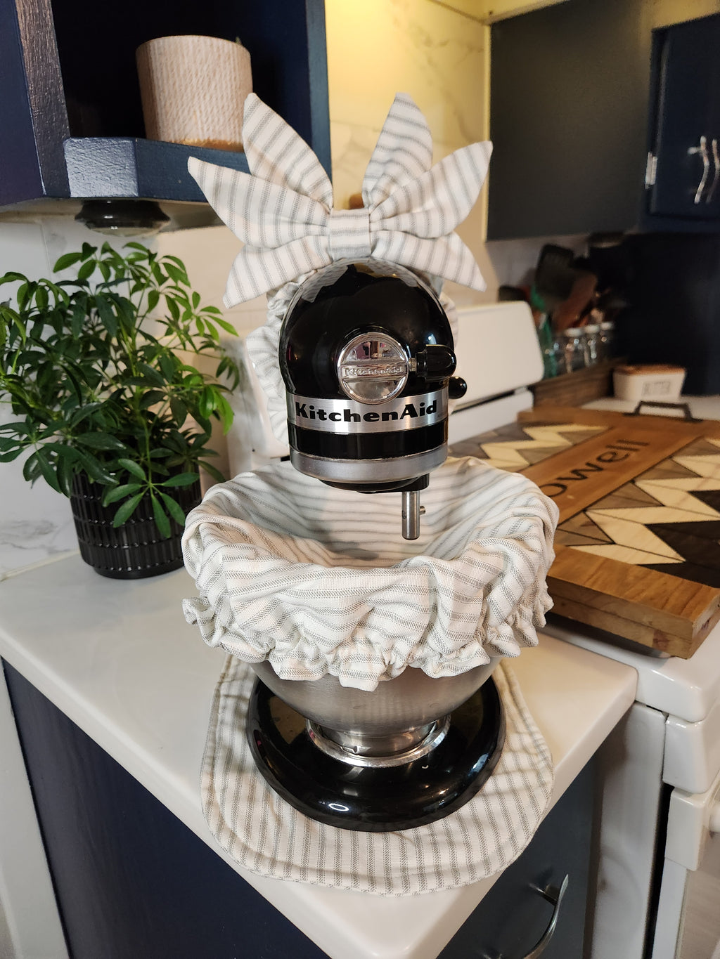 Gray Stripe Stand Mixer Outfit with Appliance Pad, Bowl Cover, and Bow