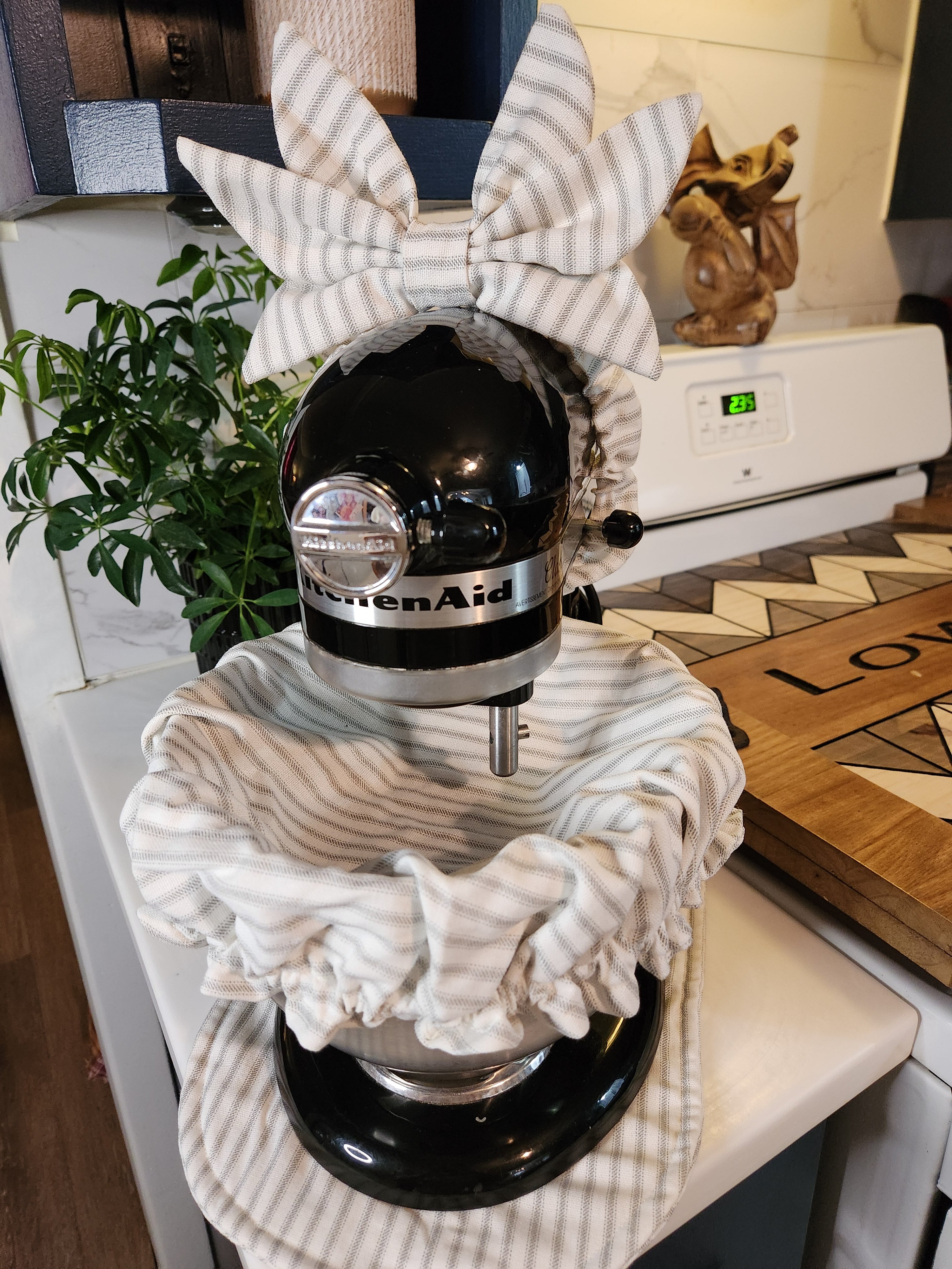 Gray Stripe Stand Mixer Outfit with Appliance Pad, Bowl Cover, and Bow