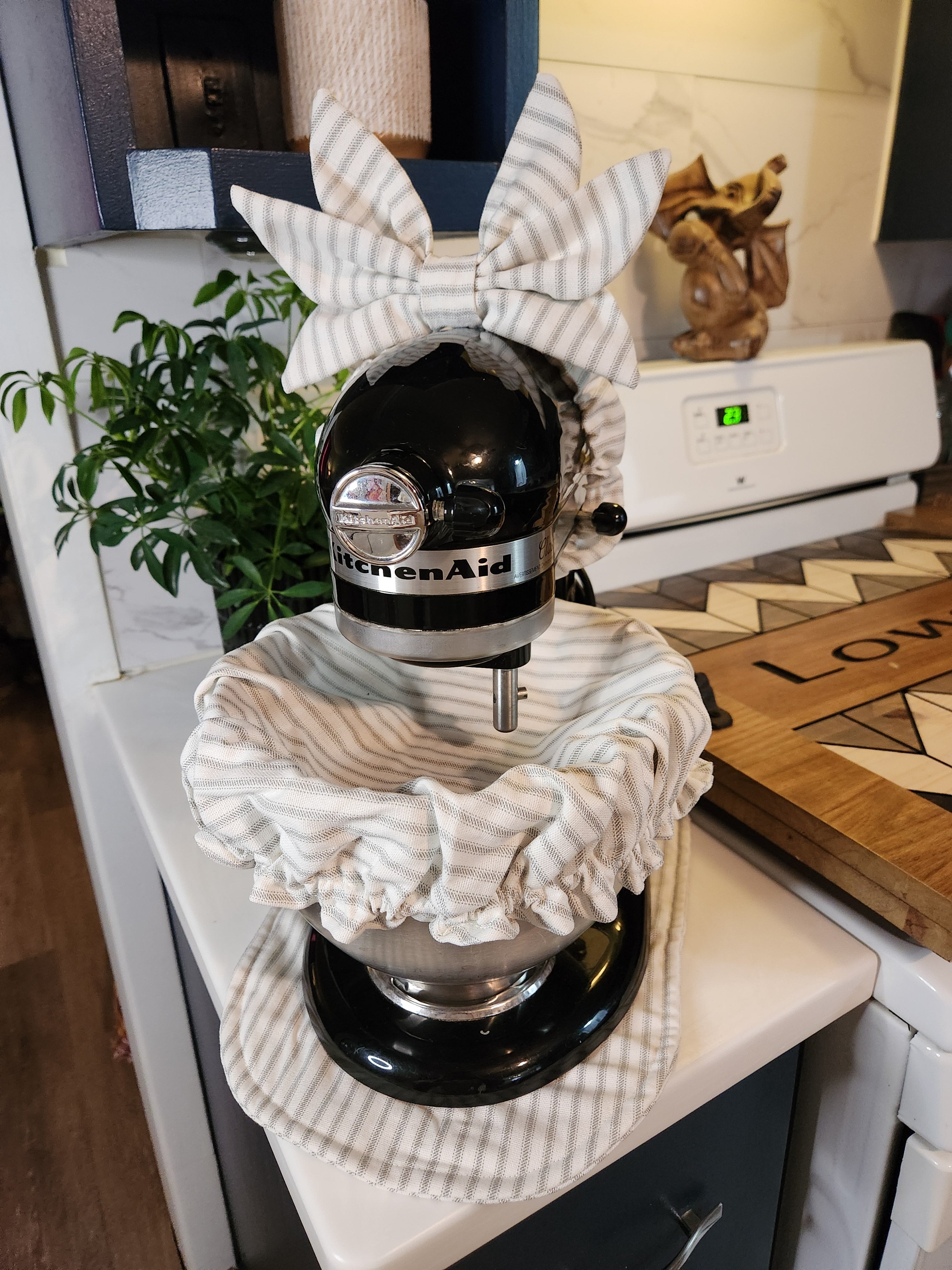 Gray Stripe Stand Mixer Outfit with Appliance Pad, Bowl Cover, and Bow