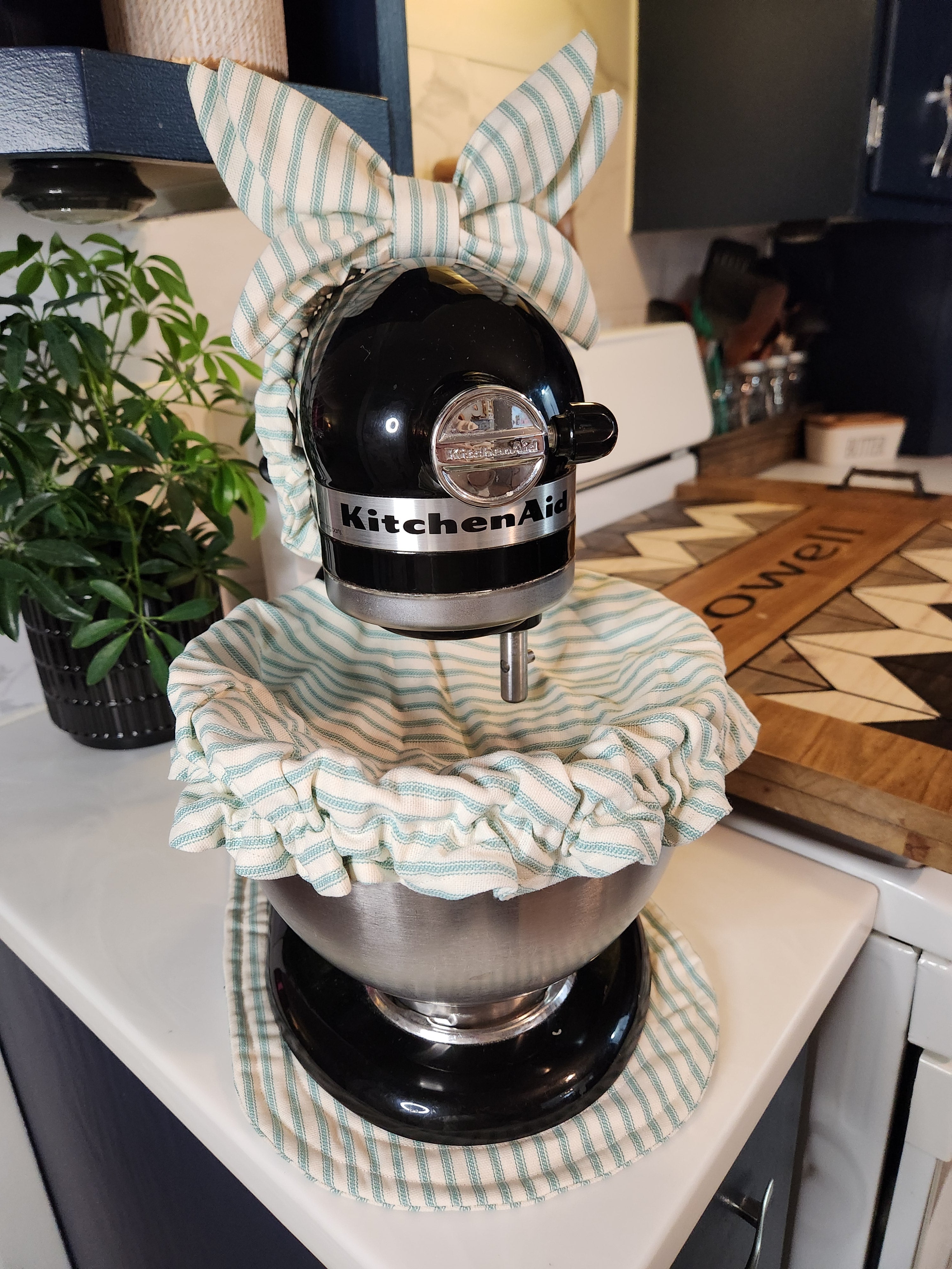 Teal Stripe Stand Mixer Outfit with Appliance Pad, Bowl Cover, and Bow